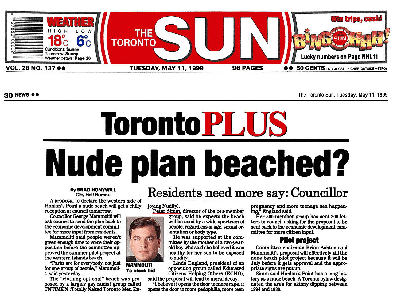 Toronto Sun 1999-05-11 - Council will debate proposed creation of Hanlan’s Point CO-zone